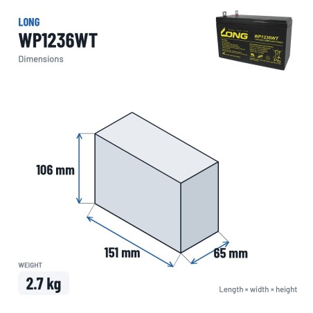 Stationary UPS battery Long WP1236WT 12V 9Ah AGM – dimensions 151 × 65 × 106 mm