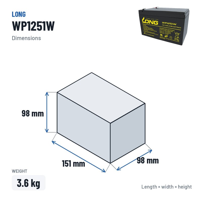 Batteria stazionaria UPS Long WP1251W 12V 12Ah AGM – dimensioni 151 × 98 × 98 mm