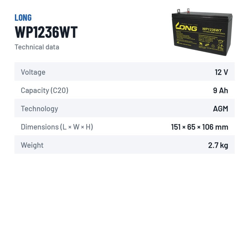 Stationary UPS battery Long WP1236WT 12V 9Ah AGM – technical data