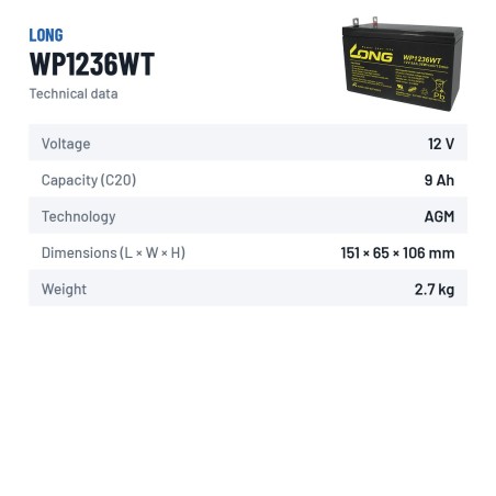 Batteria stazionaria UPS Long WP1236WT 12V 9Ah AGM – scheda tecnica
