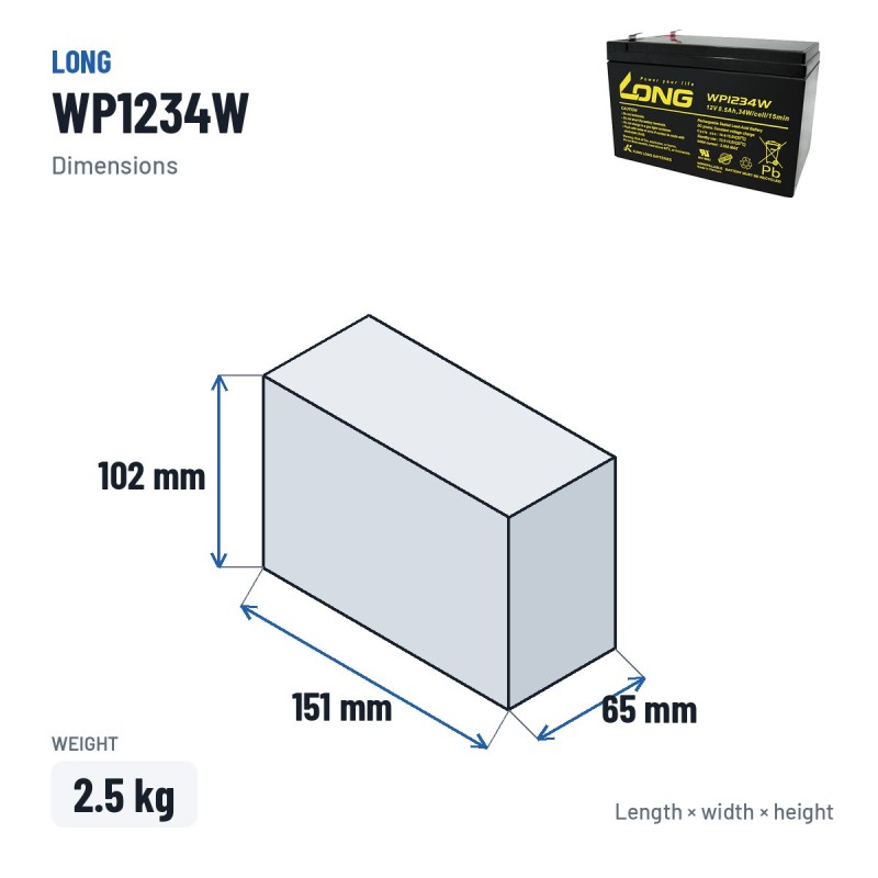 Stationärbatterie USV Long WP1234W 12V 8.5Ah AGM – Abmessungen 151 × 65 × 102 mm