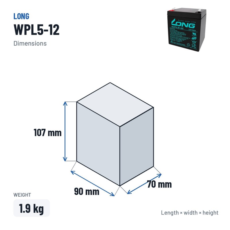 Stationärbatterie USV Long WPL5-12 12V 5Ah AGM – Abmessungen 90 × 70 × 107 mm