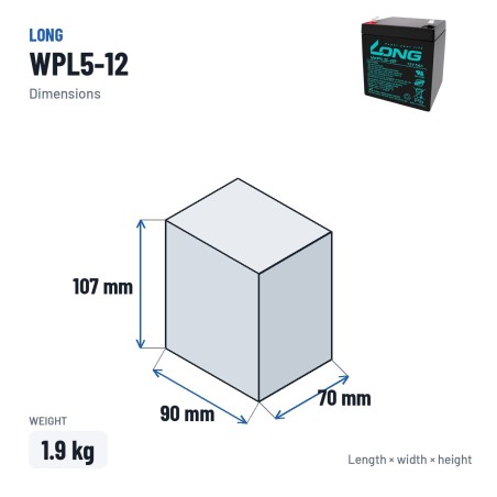 Stationärbatterie USV Long WPL5-12 12V 5Ah AGM – Abmessungen 90 × 70 × 107 mm