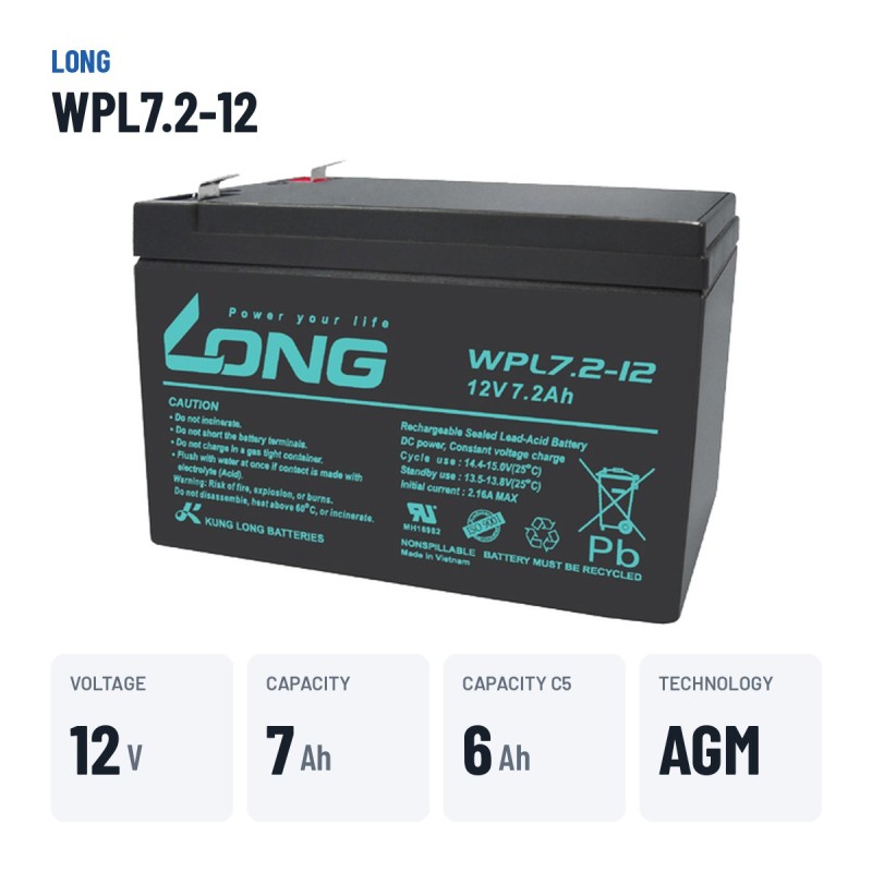 Batteria stazionaria UPS Long WPL7.2-12 12V 7.2Ah AGM – dati principali