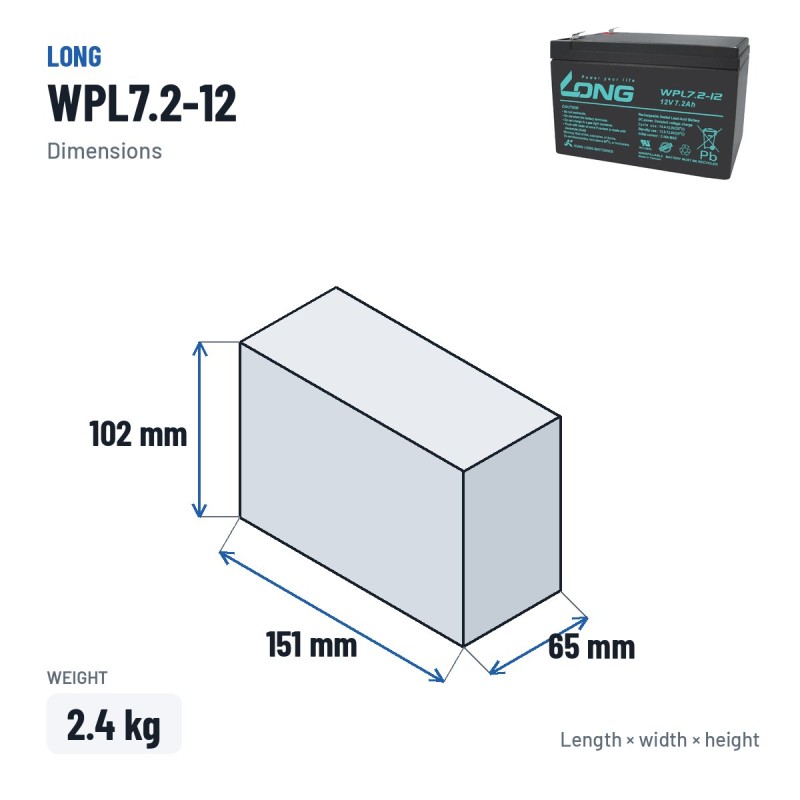 Batteria stazionaria UPS Long WPL7.2-12 12V 7.2Ah AGM – dimensioni 151 × 65 × 102 mm