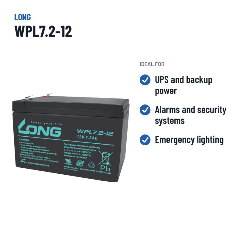 Batteria stazionaria UPS Long WPL7.2-12 12V 7.2Ah AGM – usi consigliati