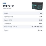 Batteria stazionaria UPS Long WPL7.2-12 12V 7.2Ah AGM – scheda tecnica