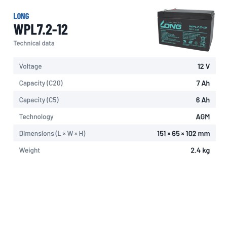 Batteria stazionaria UPS Long WPL7.2-12 12V 7.2Ah AGM – scheda tecnica