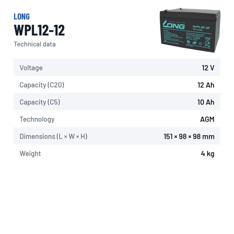 Batterie stationnaire onduleur Long WPL12-12 12V 12Ah AGM – fiche technique