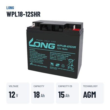 Bateria estacionária UPS Long WPL18-12SHR 12V 18Ah AGM – dados principais