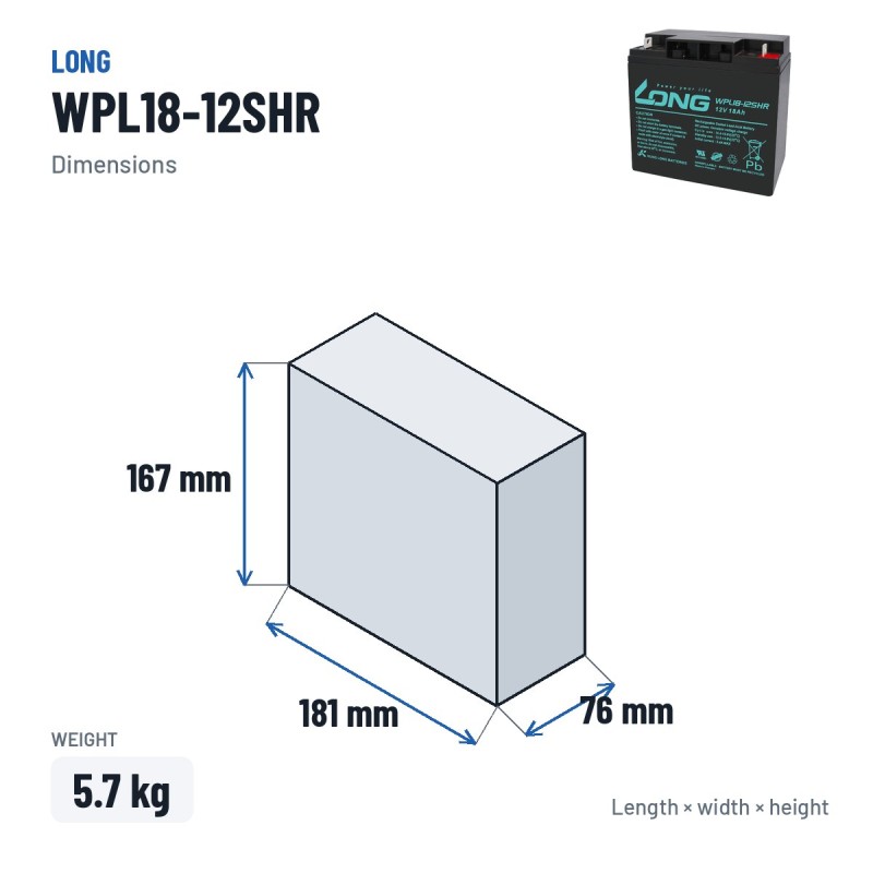 Bateria estacionária UPS Long WPL18-12SHR 12V 18Ah AGM – medidas 181 × 76 × 167 mm
