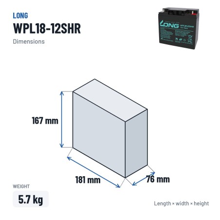 Bateria estacionária UPS Long WPL18-12SHR 12V 18Ah AGM – medidas 181 × 76 × 167 mm
