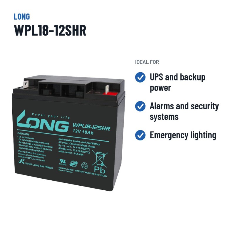 Bateria estacionária UPS Long WPL18-12SHR 12V 18Ah AGM – utilizações recomendadas