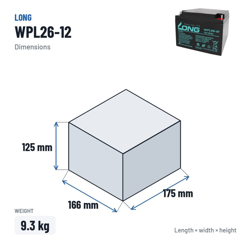 Bateria estacionária UPS Long WPL26-12 12V 26Ah AGM – medidas 166 × 175 × 125 mm
