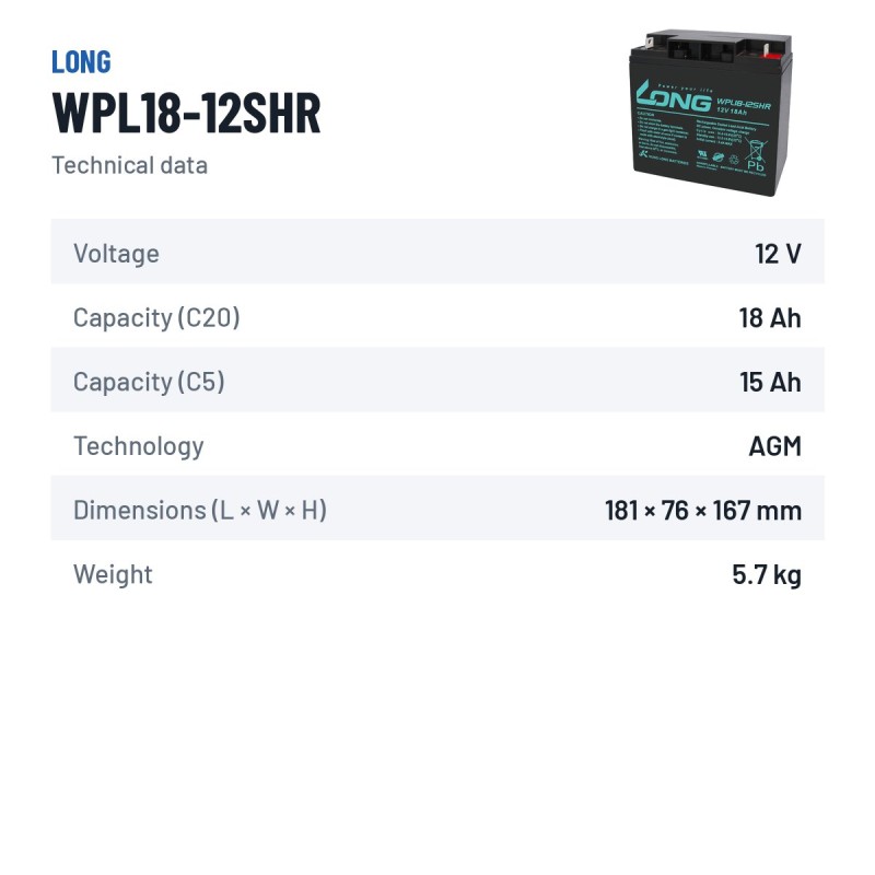 Stationärbatterie USV Long WPL18-12SHR 12V 18Ah AGM – technische Daten