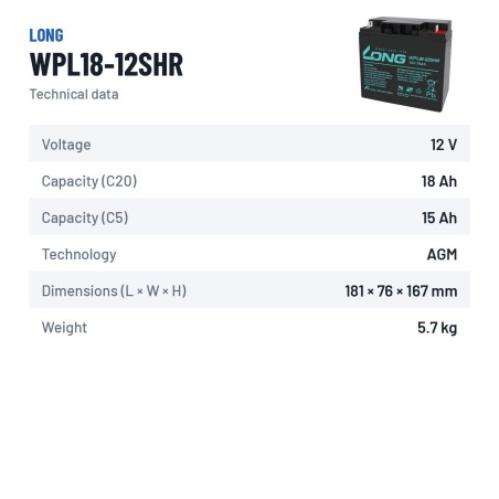Bateria estacionária UPS Long WPL18-12SHR 12V 18Ah AGM – ficha técnica