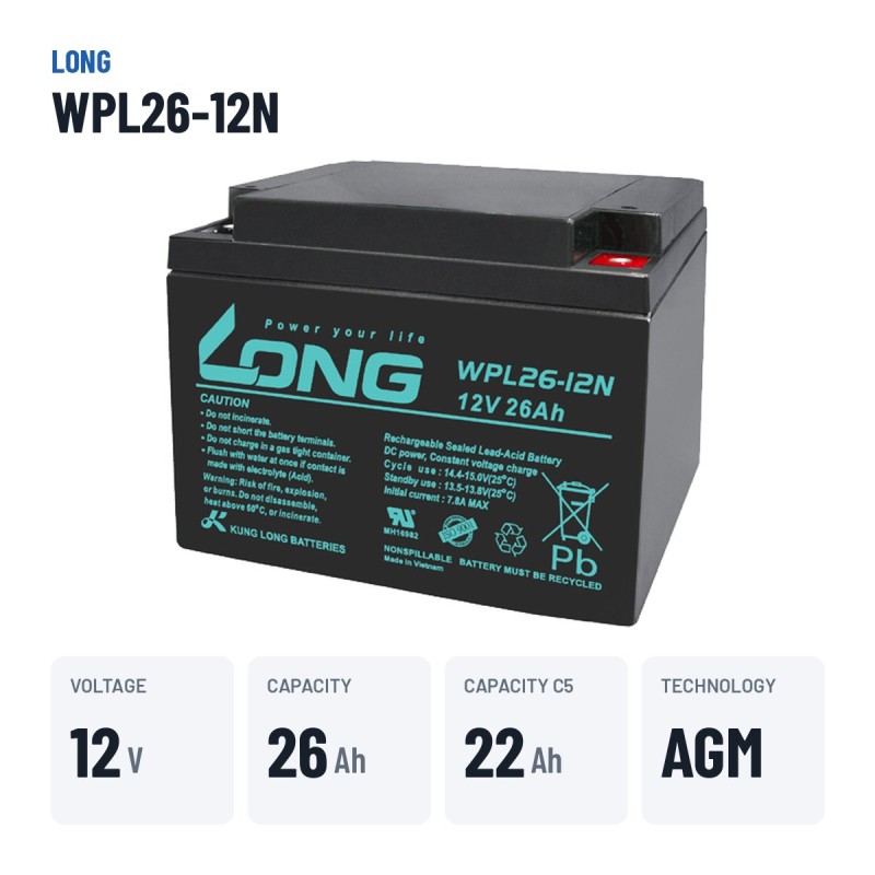 Batteria stazionaria UPS Long WPL26-12N 12V 26Ah AGM – dati principali