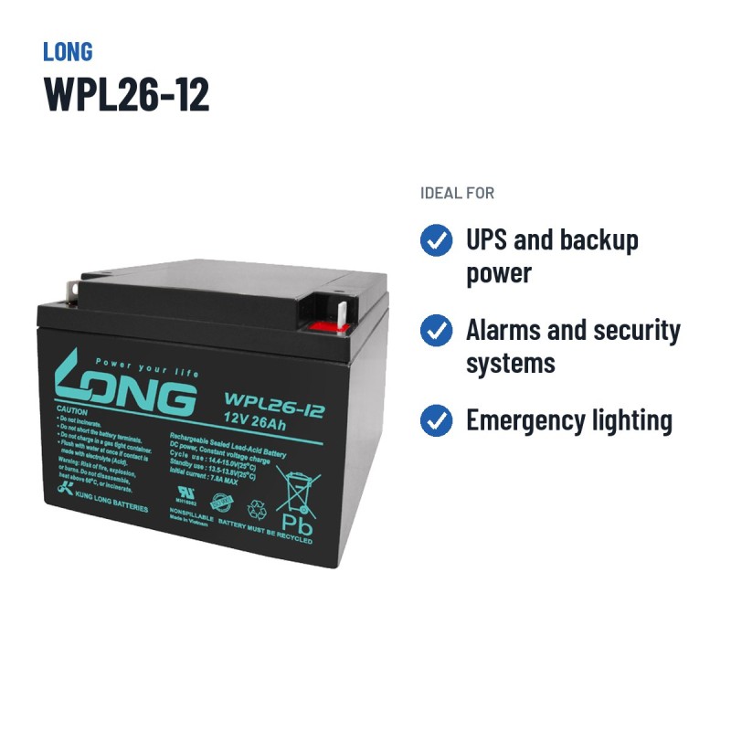 Bateria estacionária UPS Long WPL26-12 12V 26Ah AGM – utilizações recomendadas