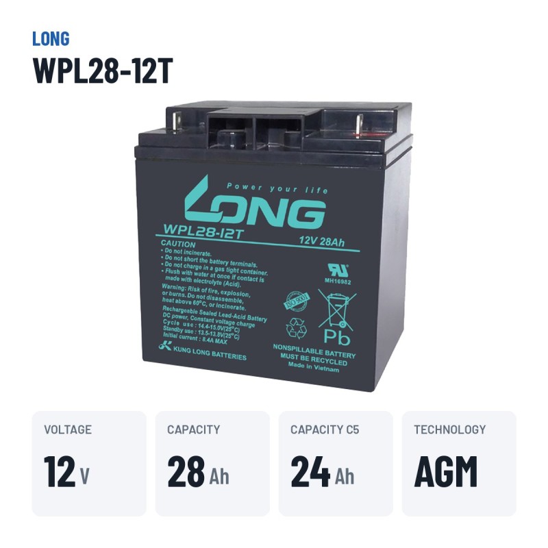 Stationärbatterie USV Long WPL28-12T 12V 28Ah AGM – wichtigste Daten