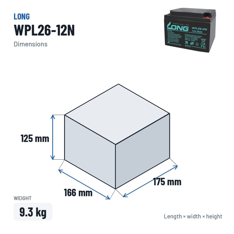 Bateria estacionária UPS Long WPL26-12N 12V 26Ah AGM – medidas 166 × 175 × 125 mm