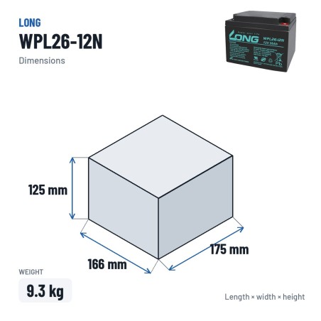 Batteria stazionaria UPS Long WPL26-12N 12V 26Ah AGM – dimensioni 166 × 175 × 125 mm