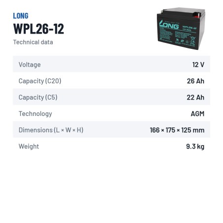 Stationärbatterie USV Long WPL26-12 12V 26Ah AGM – technische Daten