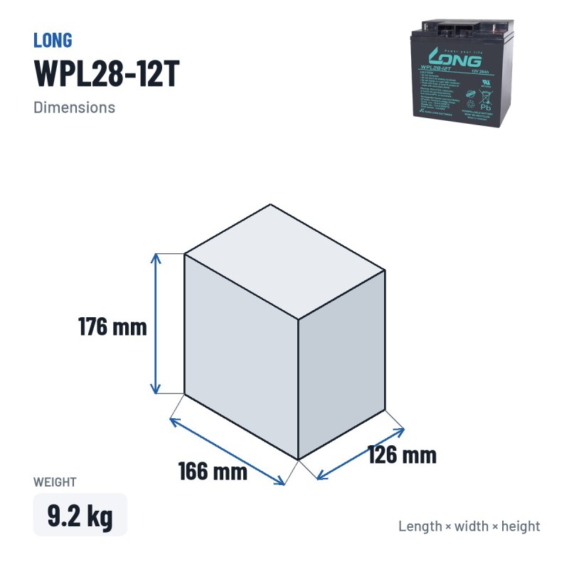 Stationärbatterie USV Long WPL28-12T 12V 28Ah AGM – Abmessungen 166 × 126 × 176 mm
