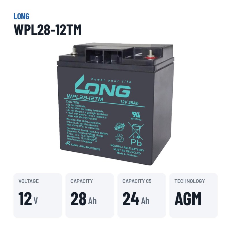 Stationary UPS battery Long WPL28-12TM 12V 28Ah AGM – key specs