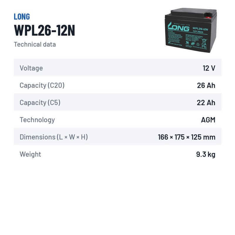 Batteria stazionaria UPS Long WPL26-12N 12V 26Ah AGM – scheda tecnica