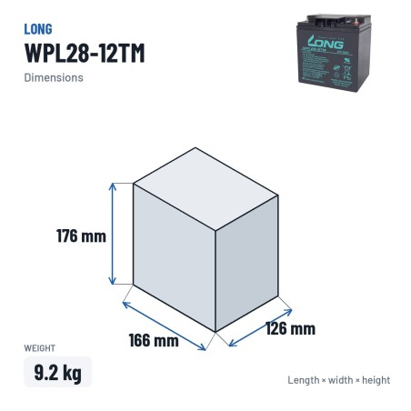 Bateria estacionária UPS Long WPL28-12TM 12V 28Ah AGM – medidas 166 × 126 × 176 mm