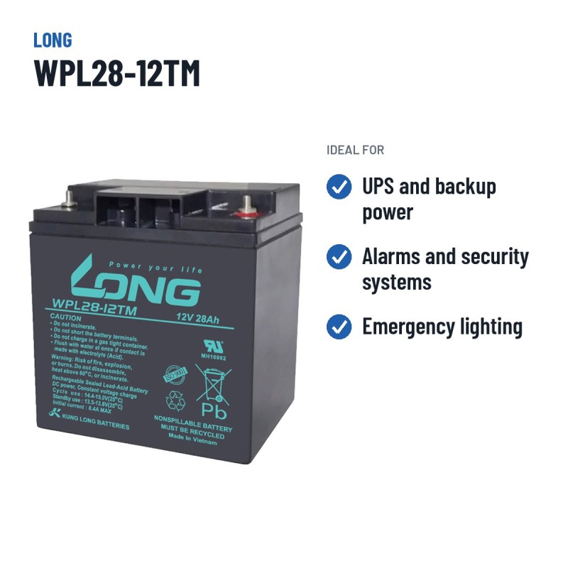Bateria estacionária UPS Long WPL28-12TM 12V 28Ah AGM – utilizações recomendadas