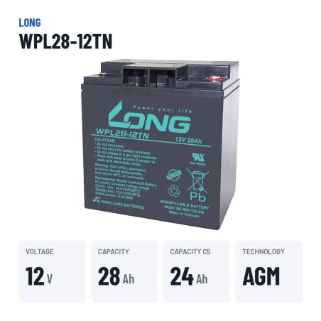 Batteria stazionaria UPS Long WPL28-12TN 12V 28Ah AGM – dati principali