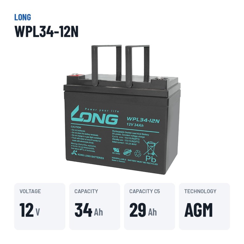 Bateria estacionária UPS Long WPL34-12N 12V 34Ah AGM – dados principais