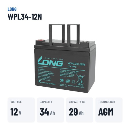 Bateria estacionária UPS Long WPL34-12N 12V 34Ah AGM – dados principais