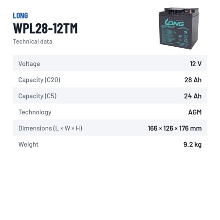 Stationary UPS battery Long WPL28-12TM 12V 28Ah AGM – technical data