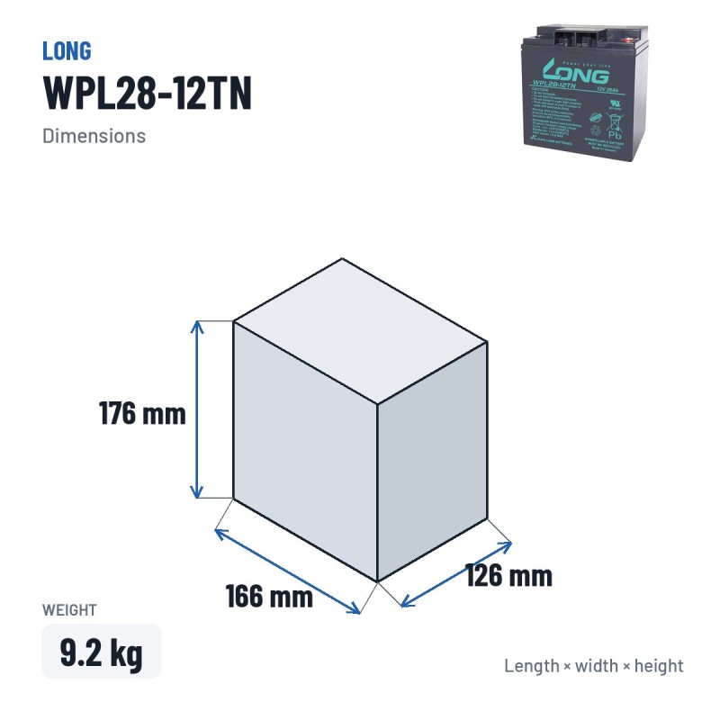 Batería estacionaria SAI/UPS Long WPL28-12TN 12V 28Ah AGM – medidas 166 × 126 × 176 mm