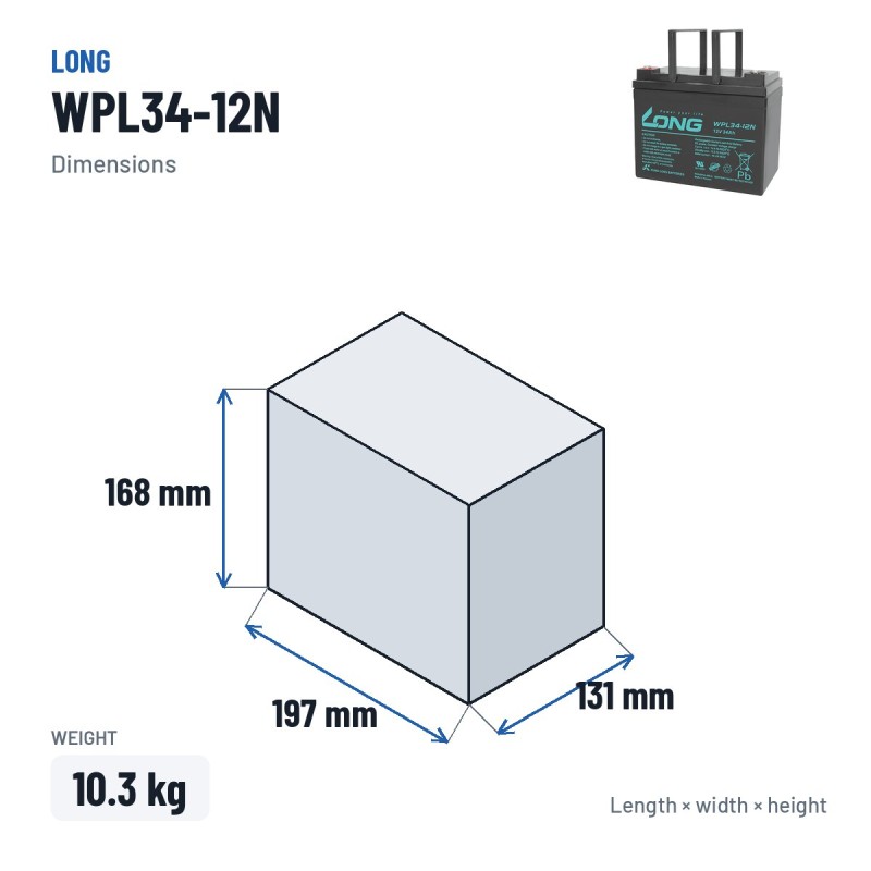 Stationärbatterie USV Long WPL34-12N 12V 34Ah AGM – Abmessungen 197 × 131 × 168 mm