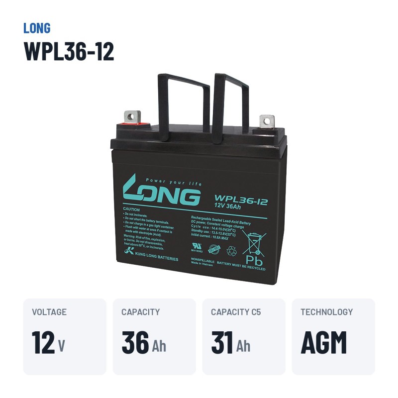 Bateria estacionária UPS Long WPL36-12 12V 36Ah AGM – dados principais