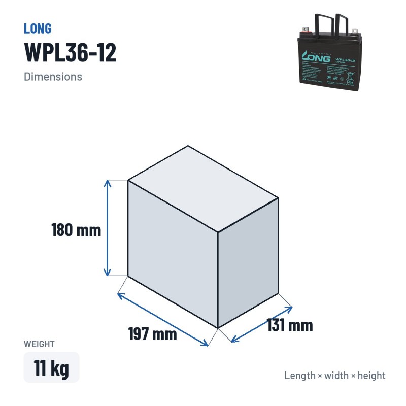 Stationärbatterie USV Long WPL36-12 12V 36Ah AGM – Abmessungen 197 × 131 × 180 mm