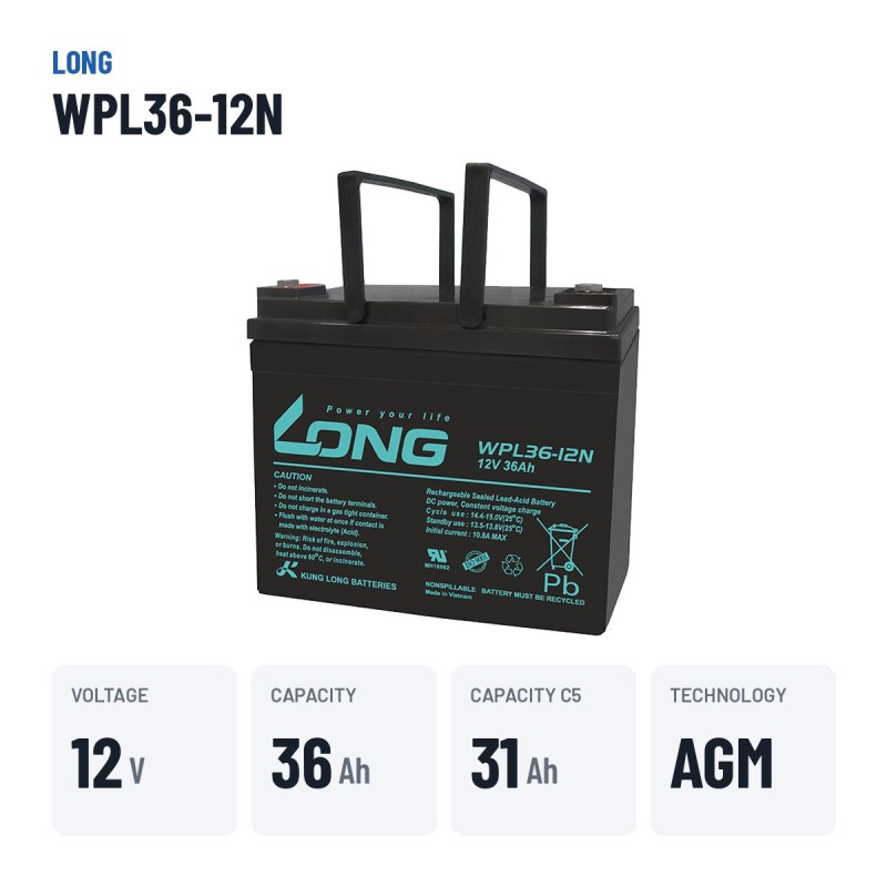Stationary UPS battery Long WPL36-12N 12V 36Ah AGM – key specs