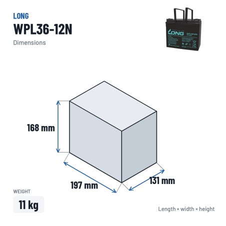 Stationärbatterie USV Long WPL36-12N 12V 36Ah AGM – Abmessungen 197 × 131 × 168 mm