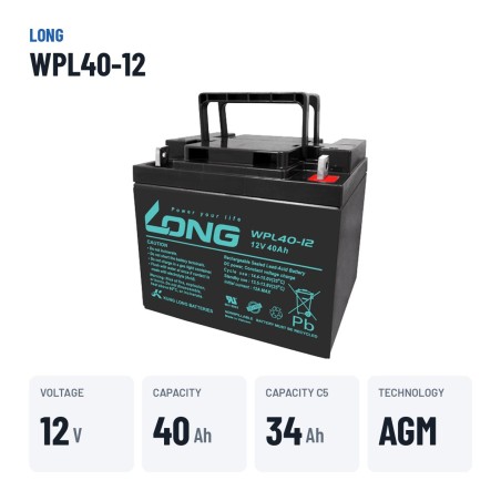 Batería estacionaria SAI/UPS Long WPL40-12 12V 40Ah AGM – datos clave