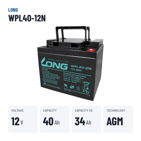 Stationary UPS battery Long WPL40-12N 12V 40Ah AGM – key specs