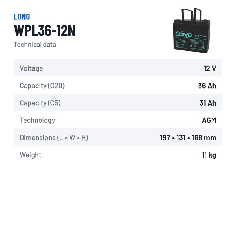 Stationärbatterie USV Long WPL36-12N 12V 36Ah AGM – technische Daten