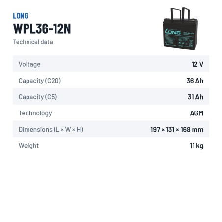 Stationary UPS battery Long WPL36-12N 12V 36Ah AGM – technical data