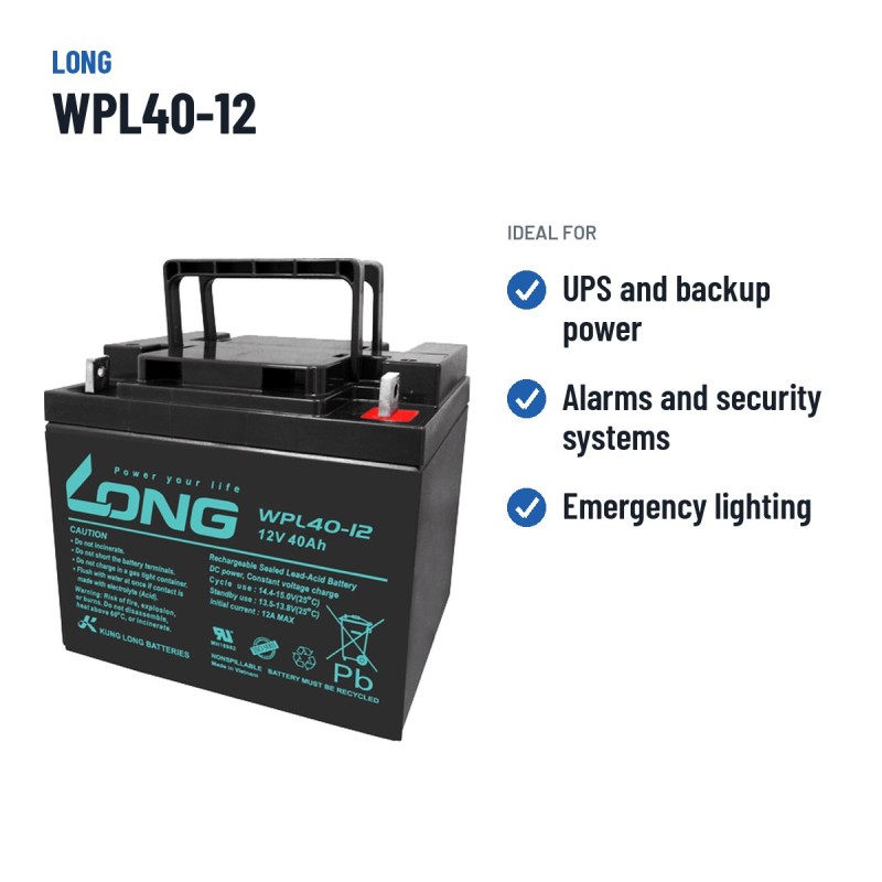 Batería estacionaria SAI/UPS Long WPL40-12 12V 40Ah AGM – usos recomendados