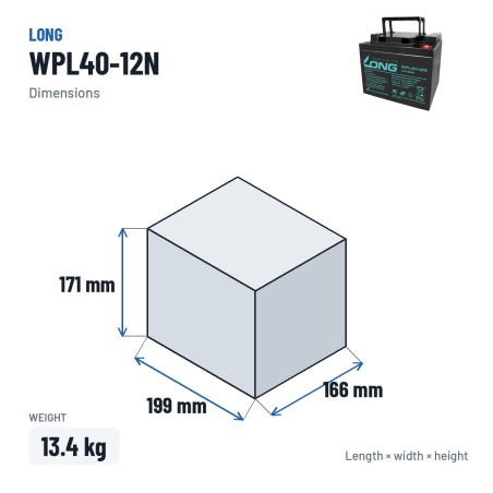 Stationary UPS battery Long WPL40-12N 12V 40Ah AGM – dimensions 199 × 166 × 171 mm