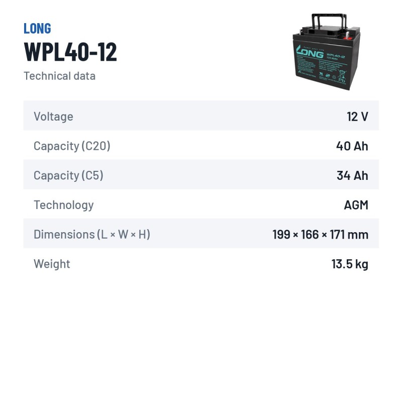 Batterie stationnaire onduleur Long WPL40-12 12V 40Ah AGM – fiche technique