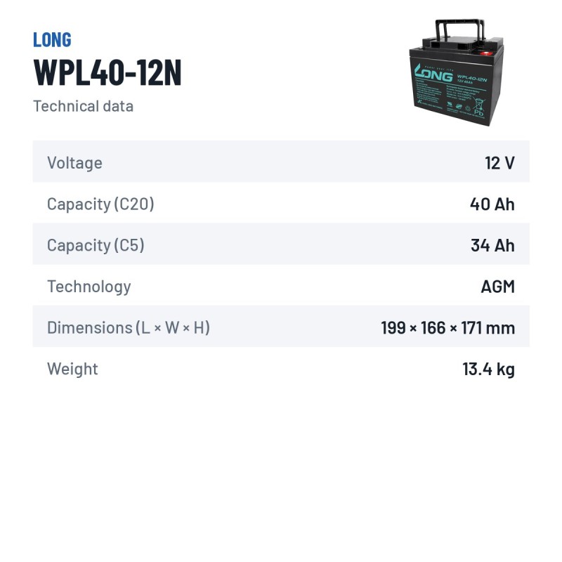 Bateria estacionária UPS Long WPL40-12N 12V 40Ah AGM – ficha técnica