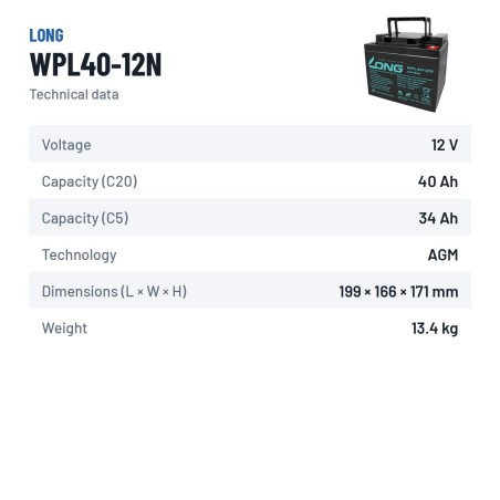 Bateria estacionária UPS Long WPL40-12N 12V 40Ah AGM – ficha técnica